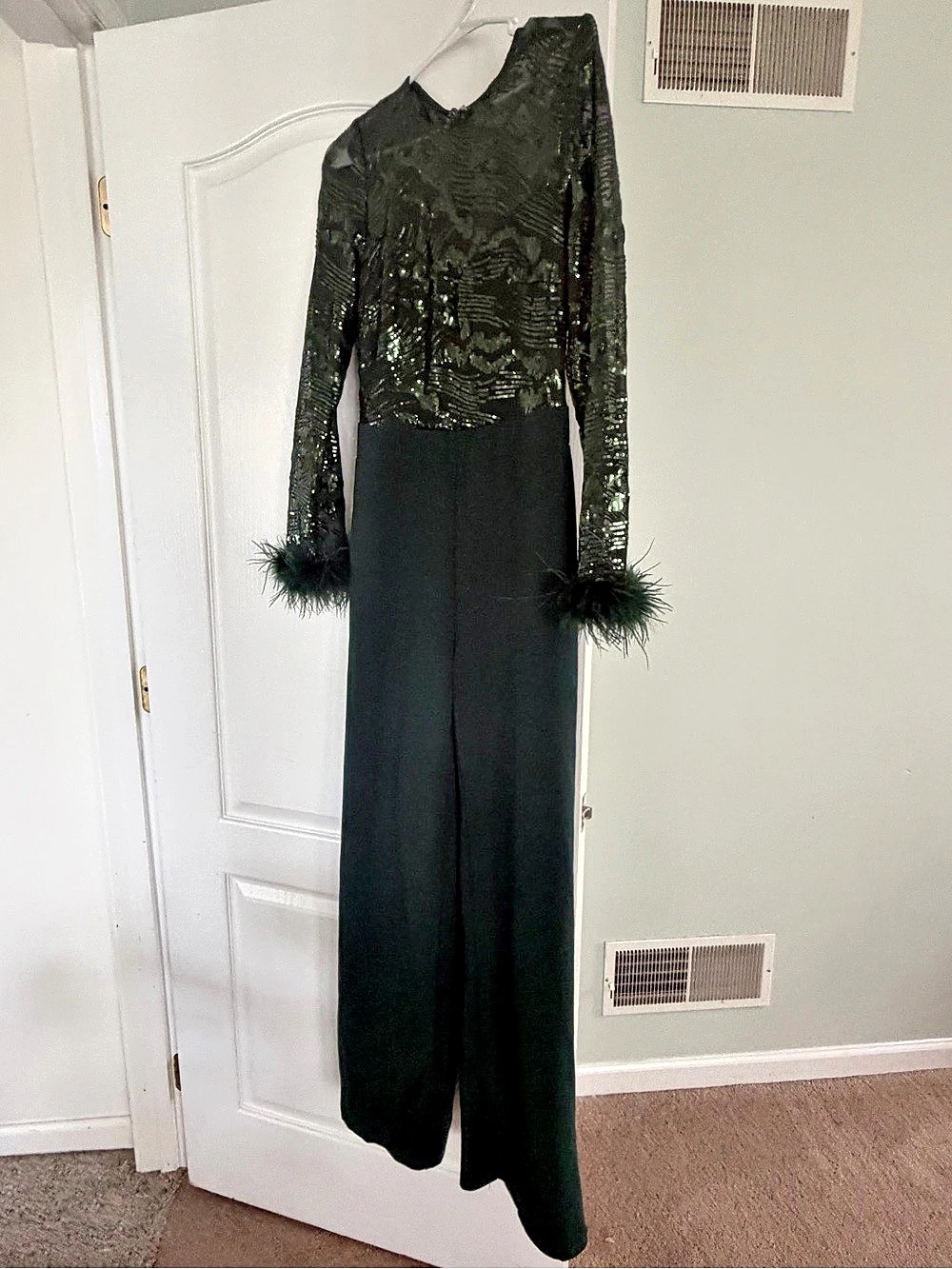 Lulus Limitless Radiance Green Sequin Feather Long Sleeve Jumpsuit